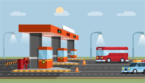 Highway Toll Gate Car City Transport Road Flat Cartoon Illustration