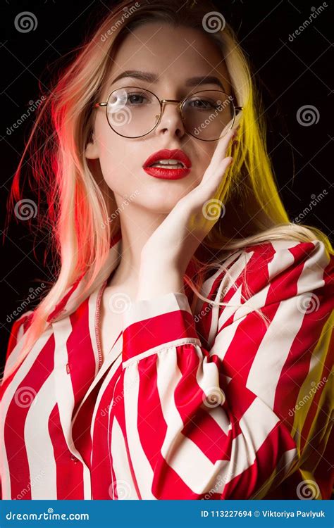 Adorable Blonde Girl Wearing Glasses Dressed In Trendy Blouse Stock Photo Image Of Looking