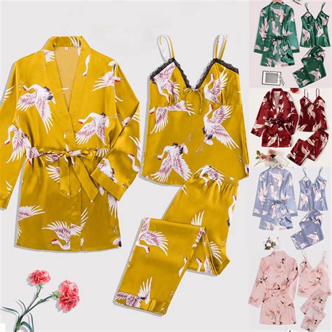 Satin Silk Pijamas Set Crane Print Women Nightdress Lingerie Robes