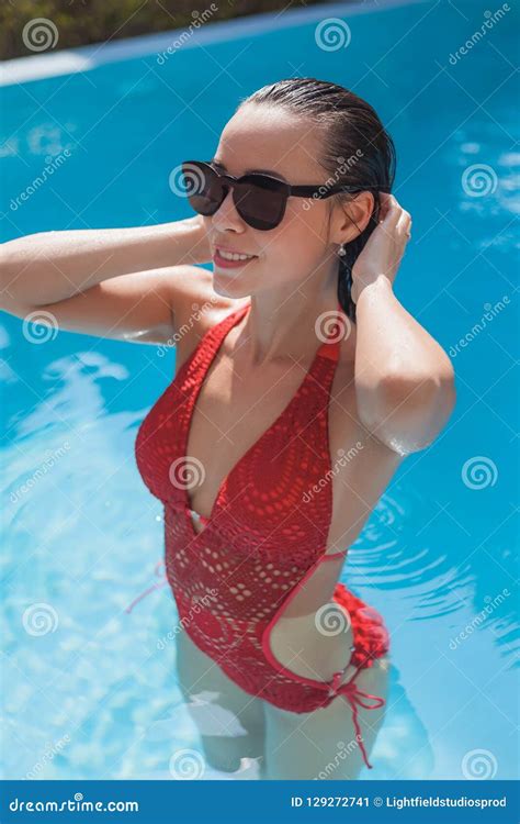 Beautiful Smiling Woman In Red Swimsuit Stock Image Image Of