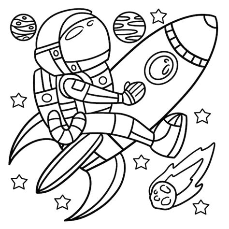 Astronauta cabalgando en un cohete página para colorear Vector Premium