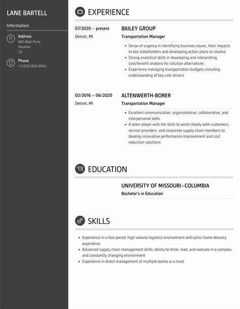 Transportation Manager Resume Samples Velvet Jobs