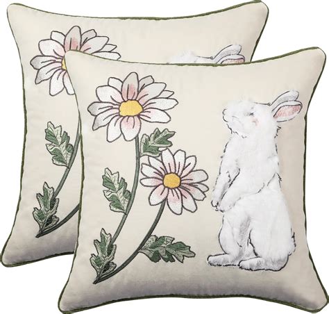 Tosleo Happy Easter Pillow Covers 18x18 Inch Set Of 2 Cute White Bunny And Flower