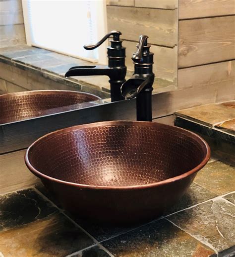 Round 14 Copper Vessel Bath Sink With Sedona Highlighting Vessel Sinks