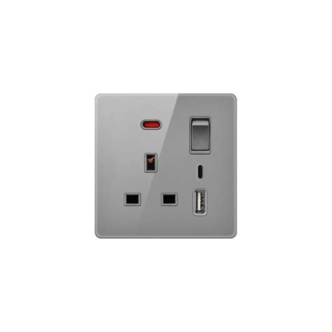 Buy 13A 1 GANG SWITCH SOCKET USB TYPE C WITH NEON GLASS GRAY