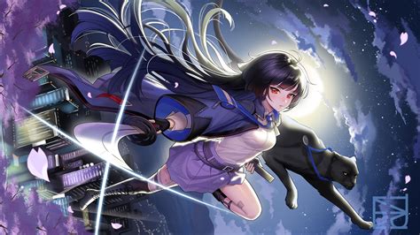 Wallpaper Black Hair Long Hair Red Eyes Katana Sword Clouds