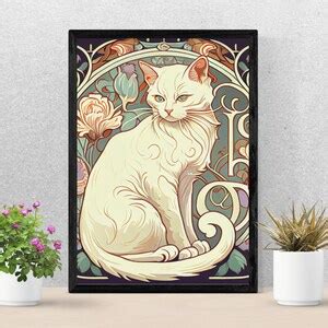 Divine White Cat With Rose And Sunbeam Art Nouveau Floral Etsy