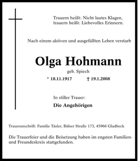 Traueranzeigen Von Olga Hohmann Trauer In Nrw De