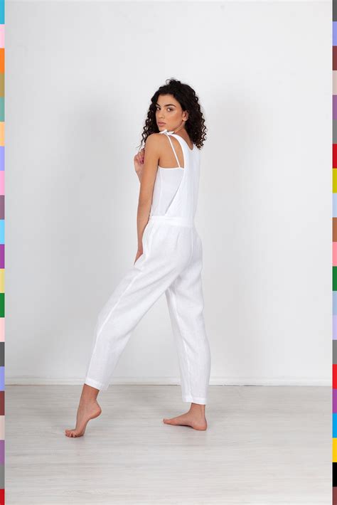 White Linen Jumpsuit Flax Dungaree Cropped Jumper Linen Etsy