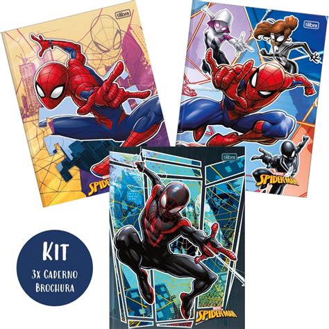 Kit 3un Caderno Brochura Grande 80fls Capa Dura Spider Man Marvel Homem