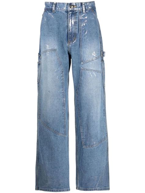 Andersson Bell Wax Coated Carpenter Wide Leg Cotton Jeans Blue