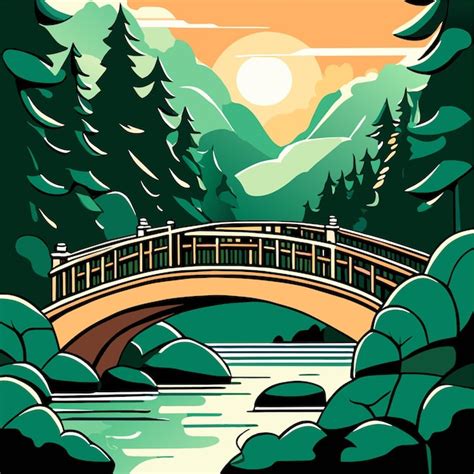 Puente De Piedra Sobre El R O En La Ilustraci N Vectorial Del Bosque En