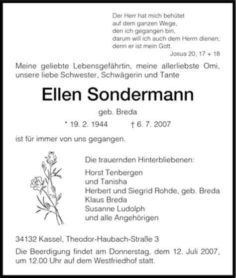 Traueranzeigen Von Ellen Sondermann Trauer HNA De