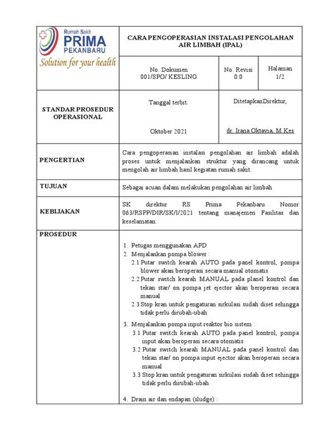 001 Sop Cara Pengoperasian Instalasi Pengolahan Air Limbah Ipal Pdf