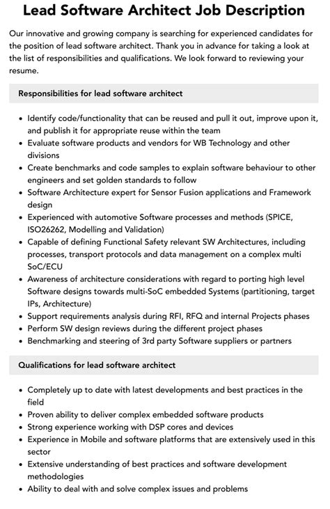 Lead Software Architect Job Description Velvet Jobs