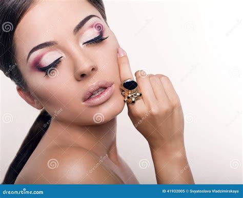 Girl with Bright Makeup with Ring Stock Image - Image of ring, lips ...