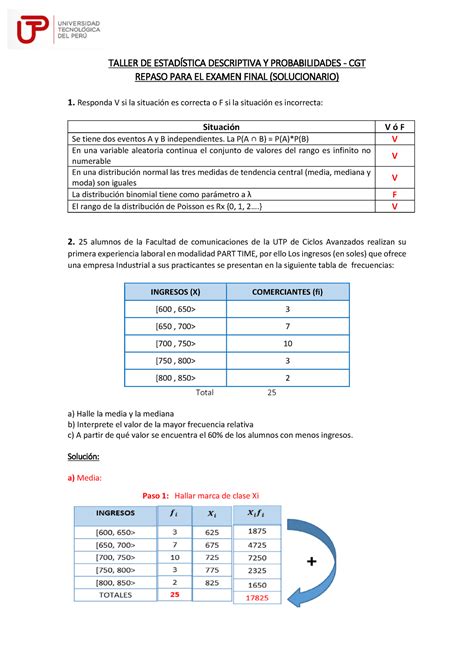 Taller Previo AL Examen Final CGT Solucionario Estadistica