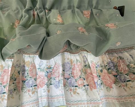 1990s Ruffle Balloon Valance Curtains Teal Green With Blush Roses 2