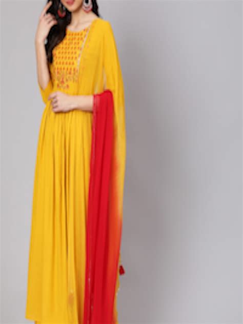 Buy Indie Closet Women Mustard Yellow Embroidered Mirror Work Kurta