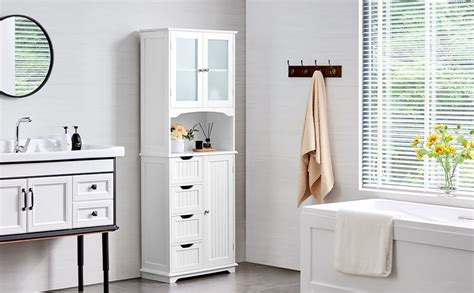 Yaheetech Tall Storage Cabinet With Glass Door Bathroom Floor Cabinet 655