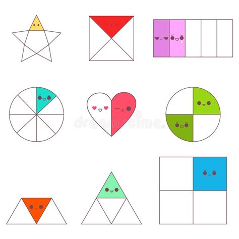 Circle Fractions With Cute Kawaii Emotions Vector Cartoon Set Stock