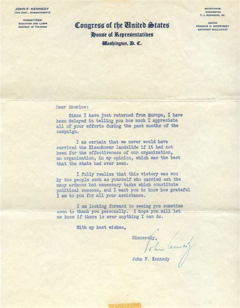 Autograph 834402 John F Kennedy Letter Sending Thanks For Support