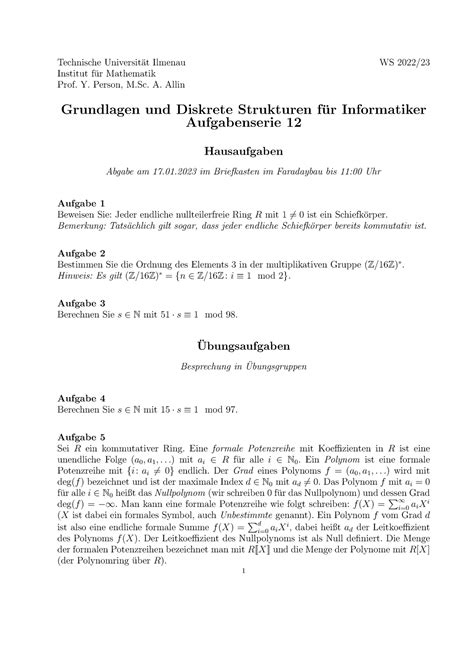 Aufgabenserie 12 Wintersemester Technische Universit At Ilmenau WS