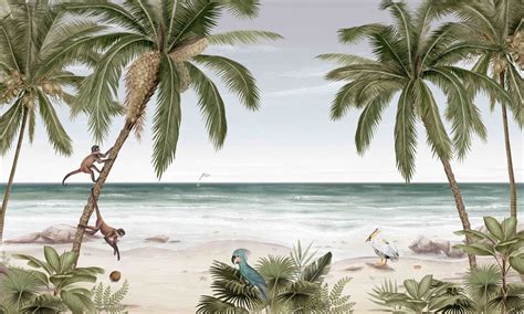 Tropical Beach Scene Palms and Ocean Watercolour Wallpaper Mural