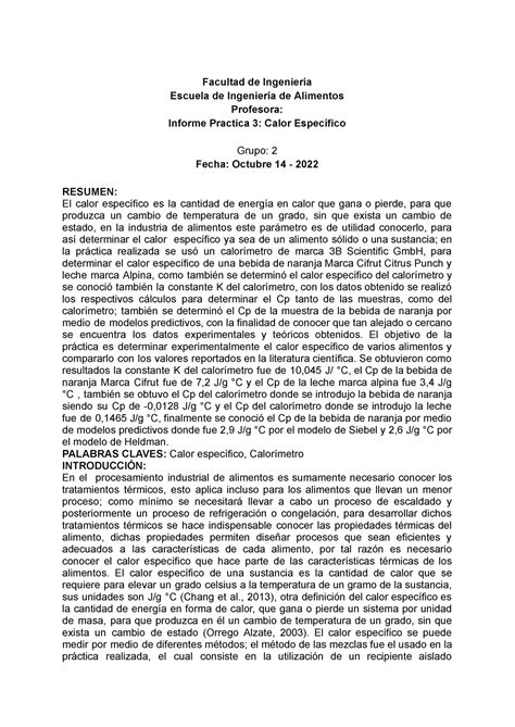 Informe 3 Calor Especifico Facultad de Ingeniería Escuela de