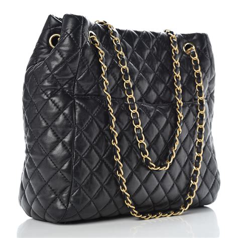 Chanel Lambskin Quilted Large Fluffy Cc Shopping Tote Black 410517