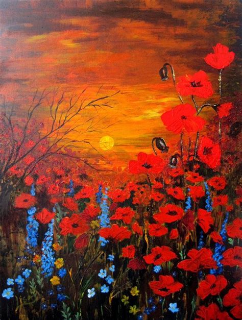 Poppy Field Painting Acrylic Original Ready To Hang Sunset With Poppies Poppy Field