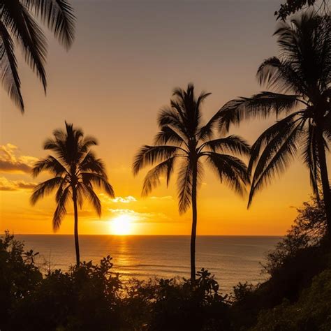 Una Puesta De Sol Con Palmeras Y La Puesta De Sol Detr S De Ella Foto