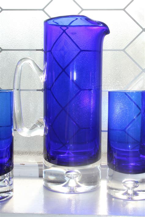 Cobalt Blue Glass Block Stockholm Pitcher Tumblers Krosno Suspended