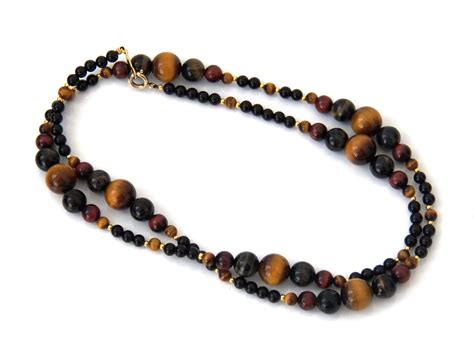 Tiger S Eye Beaded Necklace Black Onyx Chatoyancy Stone Etsy