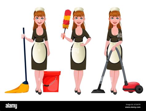 Maid Cleaning Lady Smiling Cleaning Woman Set Of Three Poses Cheerful Housemaid Cartoon