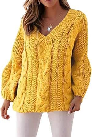 Minetom Damen Grobstrick Strickpullover V Ausschnitt Oversize Causal