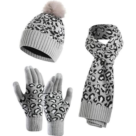 Ensemble Bonnet Écharpe Gants Femme MARQUE Léopard Gris