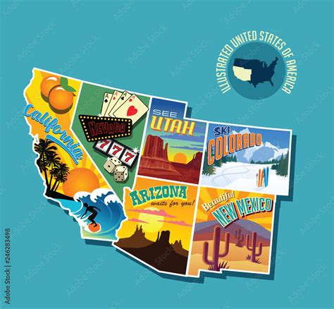 Illustrated Pictorial Map Of Southwest United States Includes