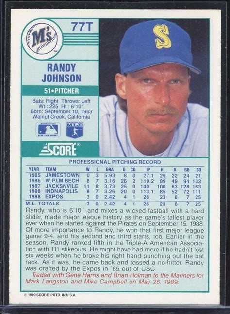 Randy Johnson Rookie Score Traded T Nm Mt Mariners Yankees Hof