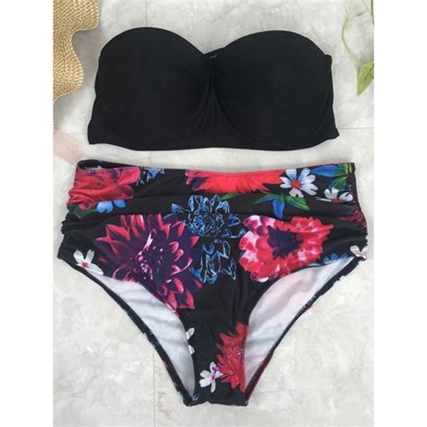 Strapless Floral Cintura Alta Push Up Bandeau Bikini Set Preto L Em