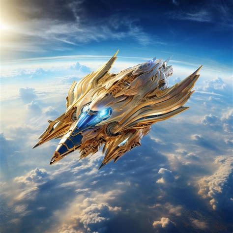 A Futuristic Space Ship Flying Through The Sky Premium Ai Generated Image