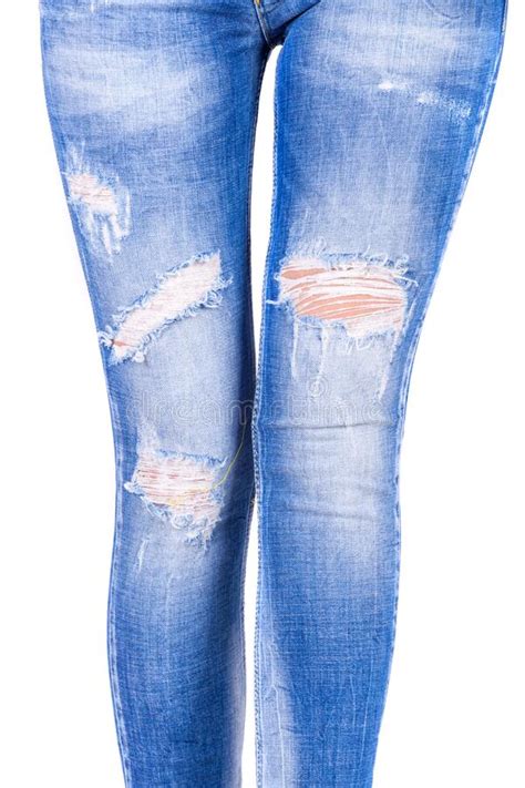 Woman Blue Jeans Ripped Destroyed Female Legs In Jeans Denim Jeans