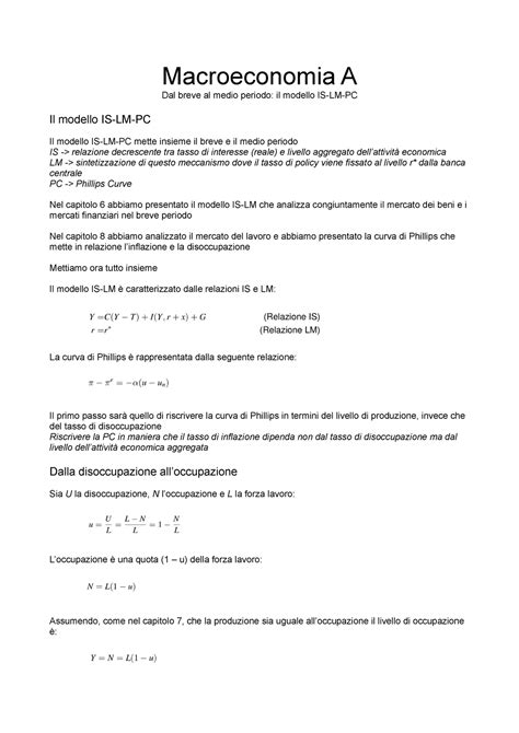 Macroeconomia A Il Modello Is Lm Pc Macroeconomia A Dal Breve Al