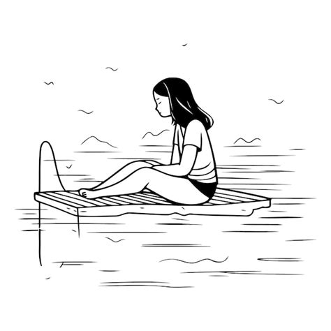 Un Dessin D Une Fille Assise Sur Une Planche De Surf Dans L Eau