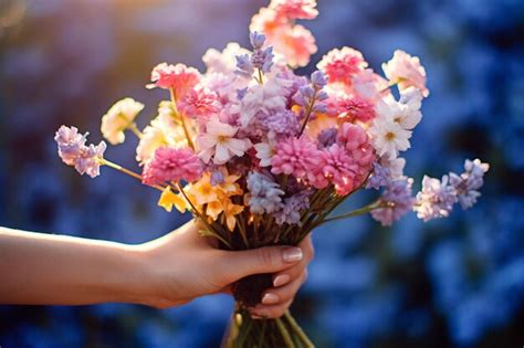 Premium Photo Hand Holding Flowers Bouquet Close Up