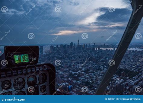 Aerial View from the Helicopter Cabin on the Evening City of New York ...