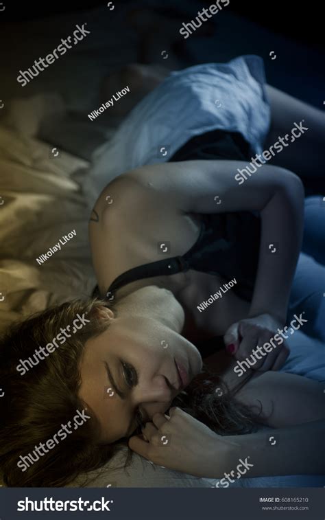 Sexy Beautiful Brunette Woman Lying Bed Stock Photo 608165210 Shutterstock