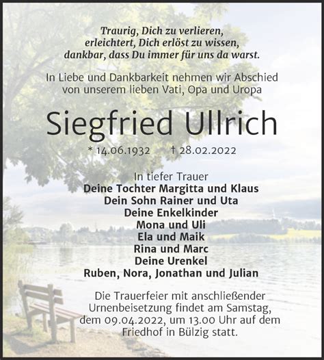 Traueranzeigen Von Siegfried Ullrich Abschied Nehmen De