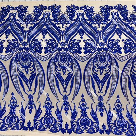 Unique Royal Blue Sequin Over Nude Mesh Dress Fabric Oneyard