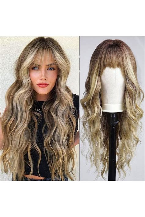 KOME Ombre Blonde Wigs With Bangs Blonde Highlight Long Wavy Wig For